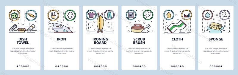 Mobile app onboarding screens. Home cleaning accessories, iron, ironing board, sponge, towel. Menu vector banner template for website and mobile development. Web site design flat illustration.