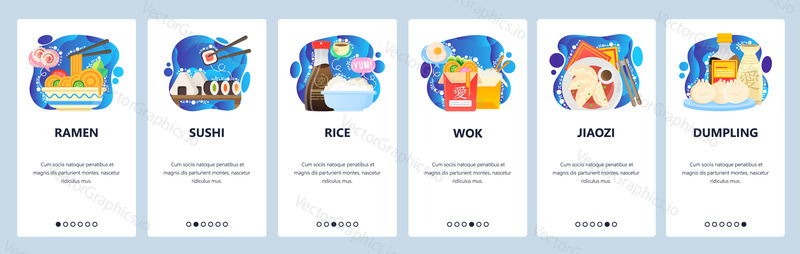 Mobile app onboarding screens. Traditional asian cuisine, restaurant menu meals, ramen, sushi, rice, wok. Vector banner template for website and mobile development. Web site design flat illustration.