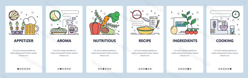 Mobilní aplikace onboarding obrazovky. Vaření jídla, zeleniny, recept, přísady, obědové jídlo. Nabídka vektorový banner šablona pro webové stránky a mobilní vývoj. Design webových stránek plochý ilustrace.