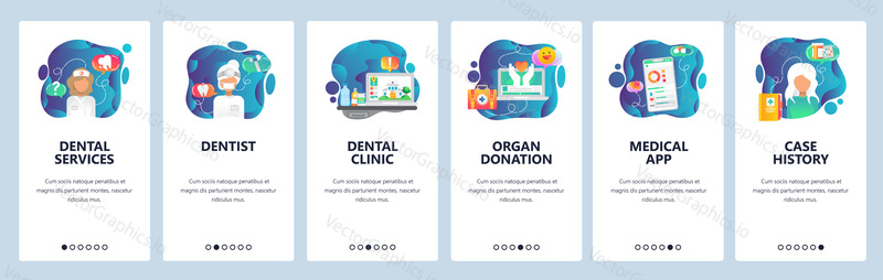 Mobile app onboarding screens. Dental clinic, doctor, medical history, organ donation, nurse. Menu vector banner template for website and mobile development. Web site design flat illustration.