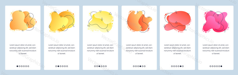 Website and mobile app onboarding screens. Menu banner vector template for web site and application development with trendy yellow and pink gradient abstract dynamic fluid shapes.