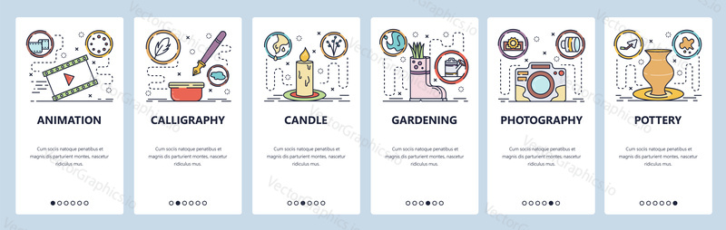 Mobilní aplikace onboarding obrazovky. Hobby a volnočasové aktivity, fotografie, kaligrafie, animace, zahradnictví. Nabídka vektorový banner šablona pro webové stránky a mobilní vývoj. Design webových stránek plochý ilustrace.