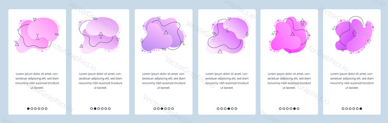 Website and mobile app onboarding screens. Menu banner vector template for web site and application development with trendy pink and violet gradient abstract dynamic fluid shapes.