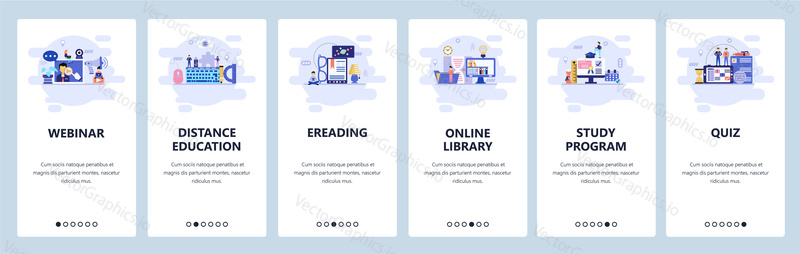 Mobilní aplikace onboarding obrazovky. Online vzdělávání, webinář, e-knihovna a čtení, kvíz. Nabídka vektorový banner šablona pro webové stránky a mobilní vývoj. Design webových stránek plochý ilustrace.