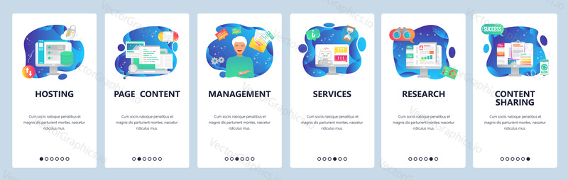 Mobilní aplikace onboarding obrazovky. Hostingová technologie, obsah, průzkum trhu, počítačové online služby. Nabídka vektorový banner šablona pro webové stránky a mobilní vývoj. Design webových stránek plochý ilustrace.