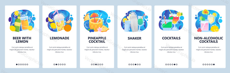 Mobile app onboarding screens. Drinks in a bar, beer, lemonade, shaker, pineapple shake, party cocktails. Menu vector banner template for website and mobile development. Web site design flat illustration.