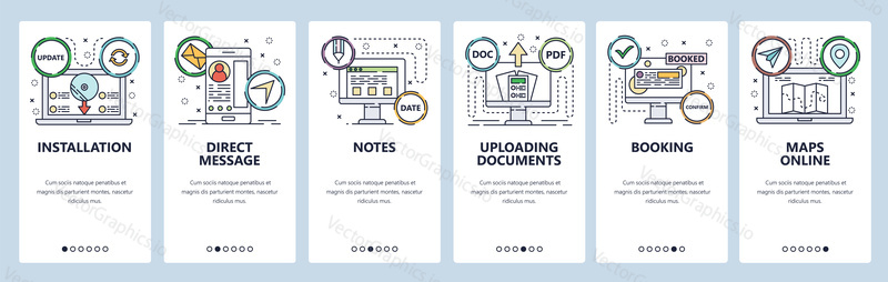 Onboarding for web site, mobile app. Menu banner vector template for website and application development. Installation, Direct message, Notes, Uploading documents, Booking, Maps online screens.
