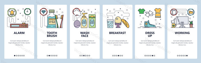 Mobilní aplikace onboarding obrazovky. Ranní rutina, budík, zubní kartáček, mytí obličeje, snídaně, šaty, kancelářský stůl. Nabídka vektorový banner šablona pro webové stránky a mobilní vývoj. Web design ploché ilustrace