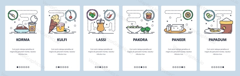 Mobile app onboarding screens. Indian food, lassi, korma, pakora, paneer. Menu vector banner template for website and mobile development. Web site design flat illustration.