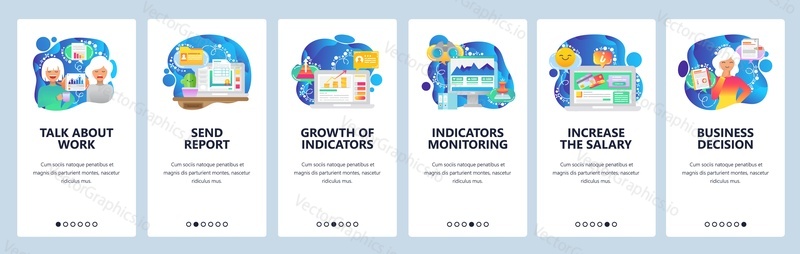 Mobilní aplikace onboarding obrazovky. Obchodní diskuse, růst investic, obchodní grafy, kreditní karty. Nabídka vektorový banner šablona pro webové stránky a mobilní vývoj. Design webových stránek plochý ilustrace.