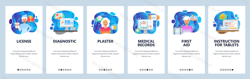 Mobile app onboarding screens. Drugs information, first aid, nurse, medical records. Menu vector banner template for website and mobile development. Web site design flat illustration.