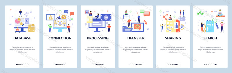Onboarding pro web, mobilní aplikace. Menu banner vektorová šablona pro vývoj webových stránek a aplikací. Zpracování připojení k databázi přenos sdílení vyhledávání návody obrazovky. Plochý design.