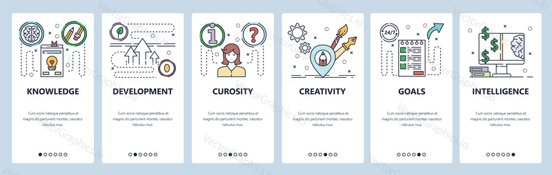 Onboarding pro webové stránky a mobilní aplikace. Menu banner vektorová šablona pro vývoj webových stránek a aplikací. Znalosti, vývoj, zvědavost, tvořivost, cíle, obrazovky inteligence. Tenká čára umění.