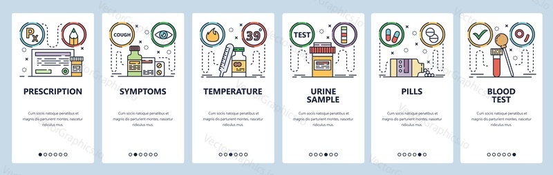 Mobile app onboarding screens. Blood and urine test samples, prescription drugs, pills vial, health. Menu vector banner template for website and mobile development. Web site design flat illustration.