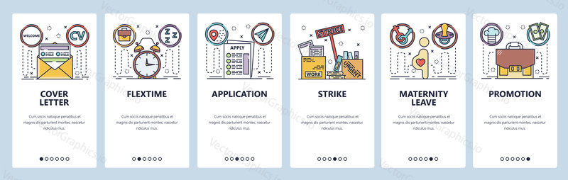 Mobile app onboarding screens. Job application, CV cover letter, maternity leave, strike, position promotion. Menu vector banner template for website and mobile development. Web site design flat illustration.
