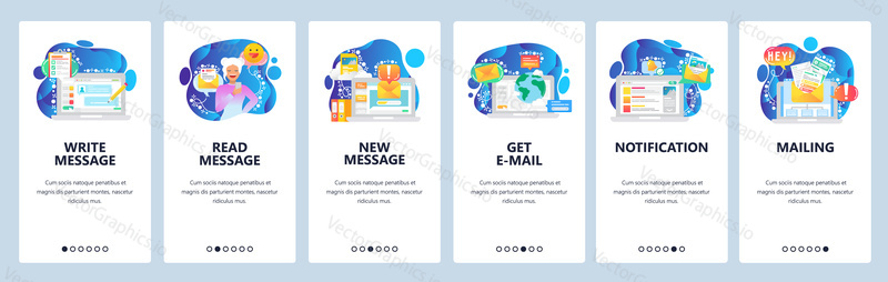 Mobilní aplikace onboarding obrazovky. Odeslat zprávu, chat bot, nové e-mailové oznámení, online cobtact. Nabídka vektorový banner šablona pro webové stránky a mobilní vývoj. Design webových stránek plochý ilustrace.