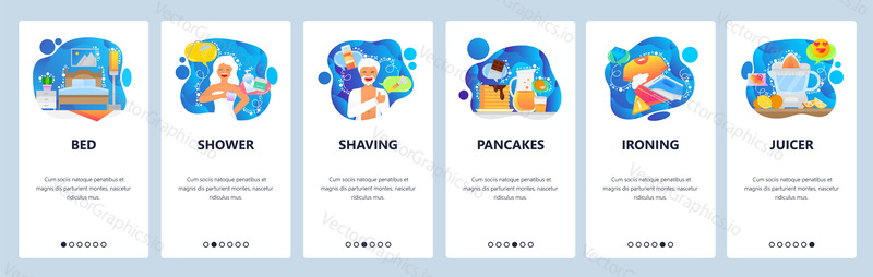 Mobile app onboarding screens. Bedroom interior, morning routine, shower, shaving, breakfast. Menu vector banner template for website and mobile development. Web site design flat illustration.