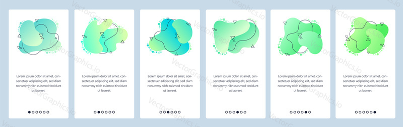 Website and mobile app onboarding screens. Menu banner vector template for web site and application development with trendy blue and green gradient abstract dynamic fluid shapes.