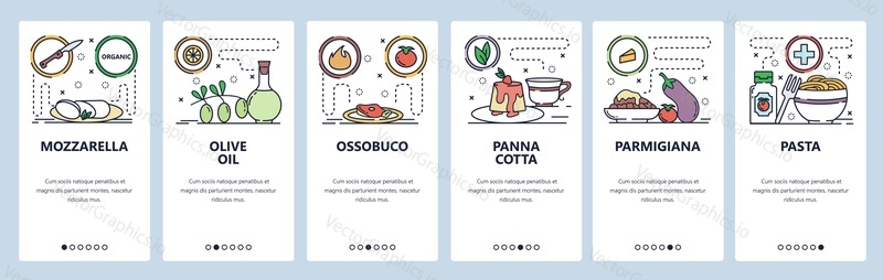 Mobile app onboarding screens. Italian cuisine, food, olive oil, mozzarella cheese, panna cotta, pasta. Menu vector banner template for website and mobile development. Web site design flat illustration.