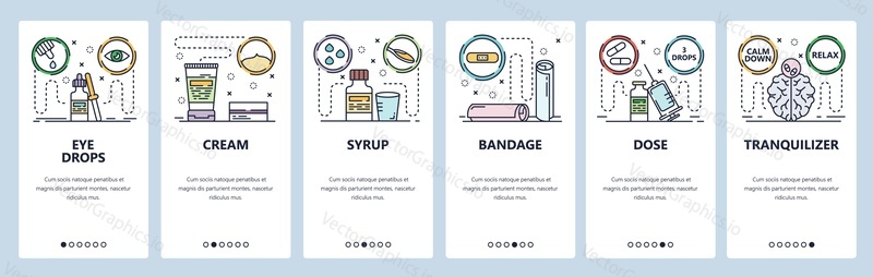 Mobile app onboarding screens. Medical icons, eye drops, drugs, syrup, syringe. Menu vector banner template for website and mobile development. Web site design flat illustration.