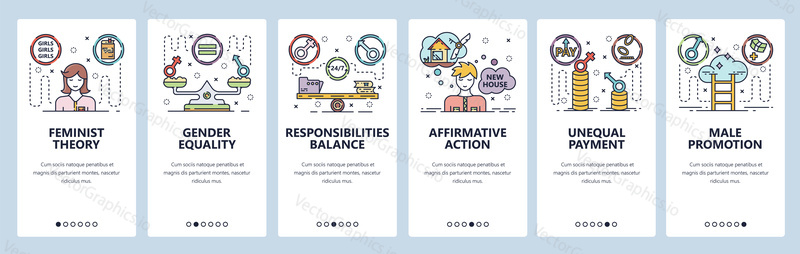 Mobilní aplikace onboarding obrazovky. Feminismus a sexuální práva, rovnost mužů a žen. Nabídka vektorový banner šablona pro webové stránky a mobilní vývoj. Design webových stránek plochý ilustrace.