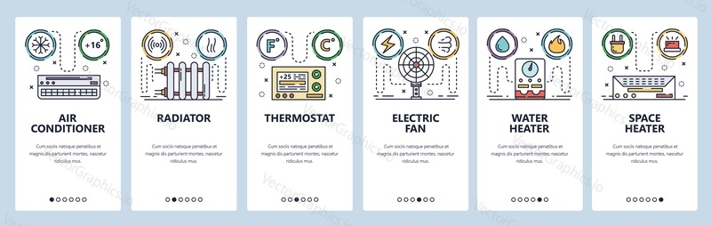 Mobile app onboarding screens. Home climate system, air con, water heater, thermostat. Menu vector banner template for website and mobile development. Web site design flat illustration.