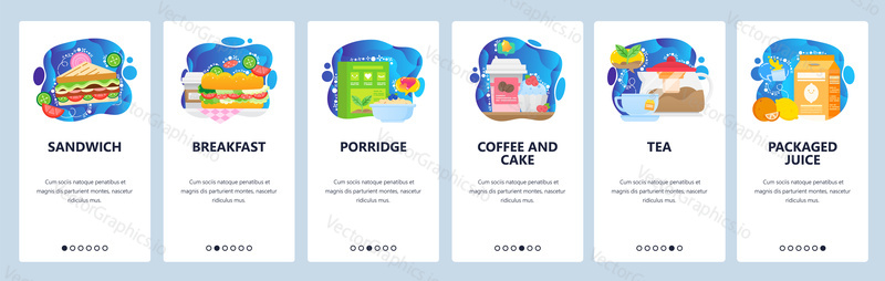 Mobile app onboarding screens. Morning breakfast meals, sandwich, porrige, coffee and cake. Food restaurant menu. Vector banner template for website and mobile development. Web site design flat illustration
