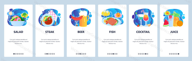 Mobile app onboarding screens. Different kind of meals, vegetable salad, fish, steak, beer and cocktail. Food menu, restaurant. Menu vector banner template for website and mobile development. Web site design flat illustration