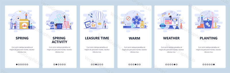 Mobile app onboarding screens. Spring season, weather forecast, gardening. Menu vector banner template for website and mobile development. Web site design flat illustration.