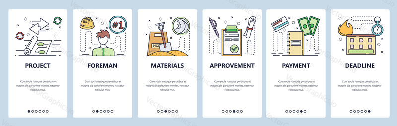 Onboarding for web site and mobile app. Menu banner vector template for website and application development. Project, Foreman, Materials, Approvement, Payment, Deadline walkthrough screens.