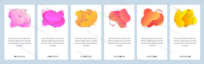 Website and mobile app onboarding screens. Menu banner vector template for web site and application development with trendy pink and yellow gradient abstract dynamic fluid shapes.