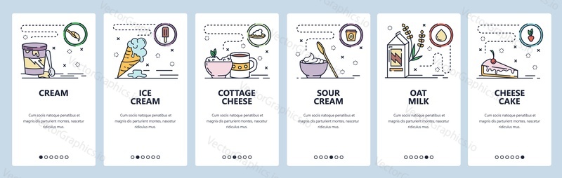 Mobile app onboarding screens. Sweet food, ice cream, oat milk, dairy products, cheese cake. Menu vector banner template for website and mobile development. Web site design flat illustration.