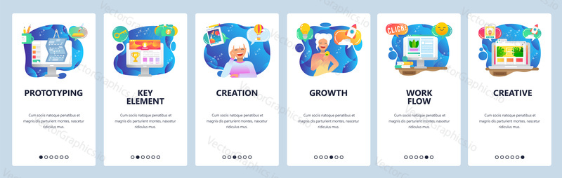 Mobile app onboarding screens. Business desk, travel dream, prototyping. Menu vector banner template for website and mobile development. Web site design flat illustration.