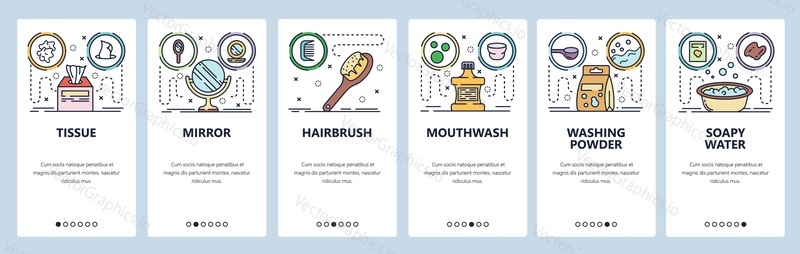 Mobilní aplikace onboarding obrazovky. Koupelnové doplňky, zrcadlo, kartáč na vlasy, prací prášek, ústní voda. Nabídka vektorový banner šablona pro webové stránky a mobilní vývoj. Design webových stránek plochý ilustrace.