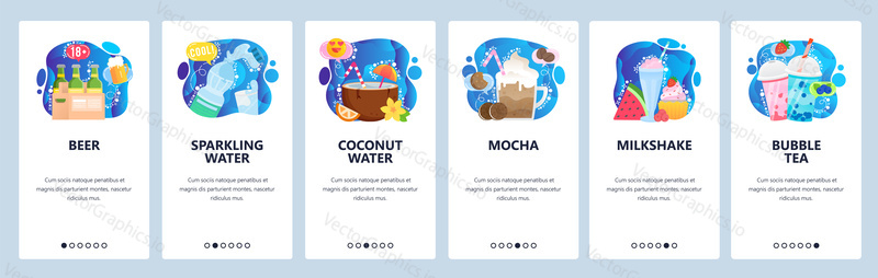 Mobile app onboarding screens. Bar drink menu, beer pack, sparkling water, coffee mocha, milkshake, bubble tea. Menu vector banner template for website and mobile development. Web site design flat illustration