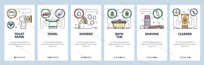 Mobilní aplikace onboarding obrazovky. Toaletní a koupelnové doplňky, papír, sprcha, vana, holení. Nabídka vektorový banner šablona pro webové stránky a mobilní vývoj. Design webových stránek plochý ilustrace.