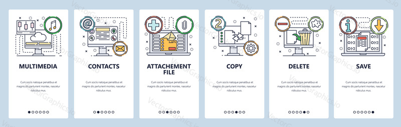 Onboarding for web site and mobile app. Menu banner vector template for website and application development. Multimedia, Contacts, Attachment file, Copy, Delete, Save walkthrough screens