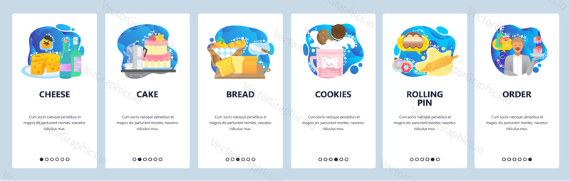 Mobile app onboarding screens. Restaurant food, desert, waiter. Cafe menu. Vector banner template for website and mobile development. Web site design flat illustration.