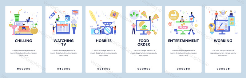 Webové stránky koníčků a mobilní aplikace na palubních obrazovkách. Menu banner vektorová šablona pro vývoj webových stránek a aplikací. Plochý design.