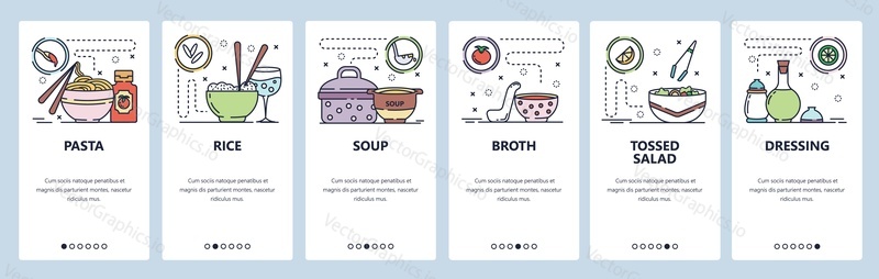 Mobile app onboarding screens. Food menu in cafe or restaurant, pasta, rice, soup, dressing. Vector banner template for website and mobile development. Web site design flat illustration.