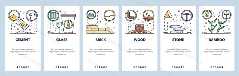 Mobile app onboarding screens. Construction building materials, cement, bricks, wood, stone. Menu vector banner template for website and mobile development. Web site design flat illustration.
