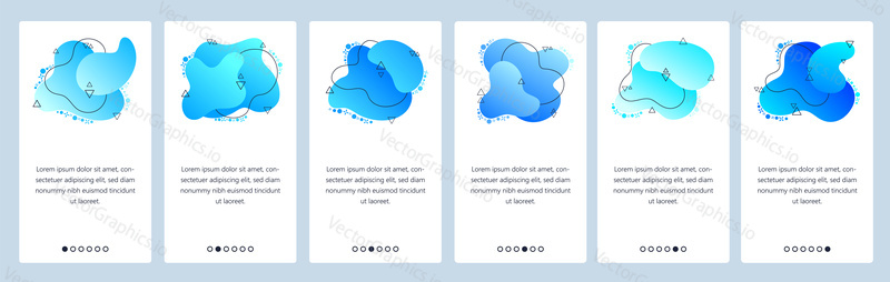 Website and mobile app onboarding screens. Menu banner vector template for web site and application development with trendy blue gradient abstract dynamic fluid shapes.