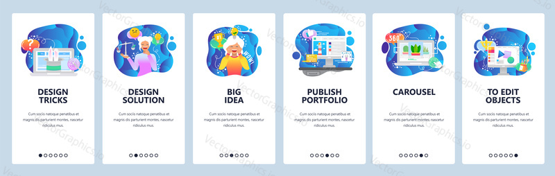 Mobile app onboarding screens. Design solutions, creative idea, portfolio . Menu vector banner template for website and mobile development. Web site design flat illustration.