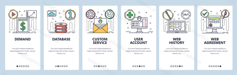 Onboarding pro webové stránky a mobilní aplikace. Menu banner vektorová šablona pro vývoj webových stránek a aplikací. Poptávka databáze vlastní služby, uživatelský účet, Webové historie obrazovky. Tenká linie umění plochý styl
