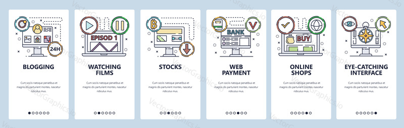 Blogging web site and mobile app onboarding screens. Menu banner vector template for website and application development. Thin line art flat style.