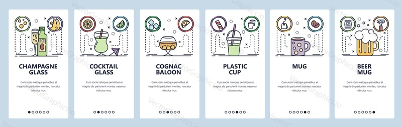 Mobile app onboarding screens. Different glasses and cups for champagne, cocktail, beer and lemonade. Menu vector banner template for website and mobile development. Web site design flat illustration.