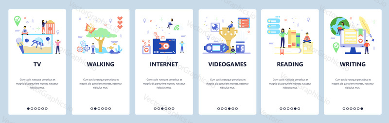 Onboarding pro web, mobilní aplikace. Menu banner vektorová šablona pro vývoj webových stránek a aplikací. Tv, chůze, Internet, videohry, čtení, psaní průchozích obrazovek. Plochý design.
