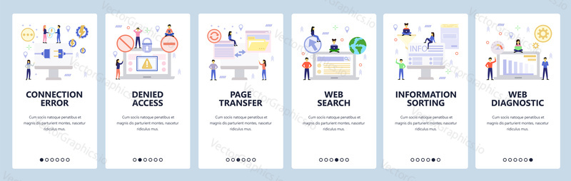 Mobile app onboarding screens. Connection plug, denied access, data sync, global search. Menu vector banner template for website and mobile development. Web site design flat illustration.