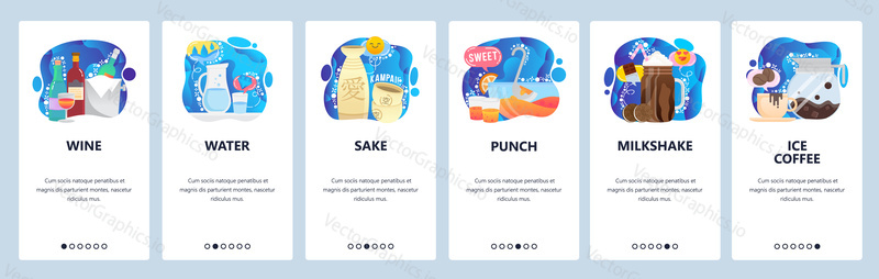 Mobile app onboarding screens. Bar drinks, cocktail, wine, water, sake, milkshake. Menu vector banner template for website and mobile development. Web site design flat illustration.