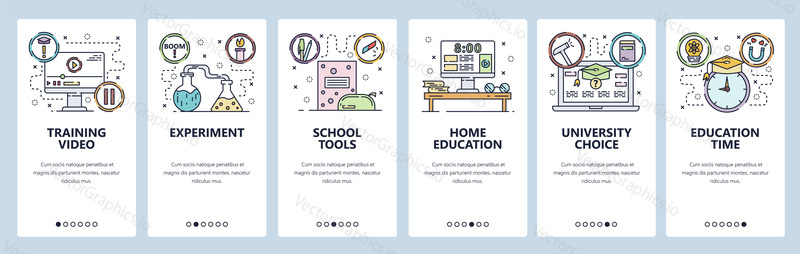 Mobile app onboarding screens. School education, online tutorial video, home education, lab experiment. Menu vector banner template for website and mobile development. Web site design flat illustration.